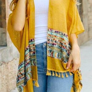 Women's mustard yellow Embroidered geometric tassel‎ Kimono Cardigan